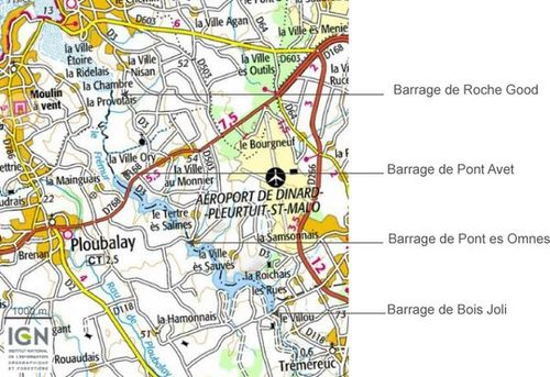 Carte de localisation des barrages sur l'aval du Frémur