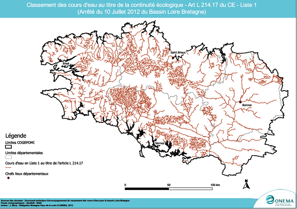 Carte de classement des cours d'eau en listes 1