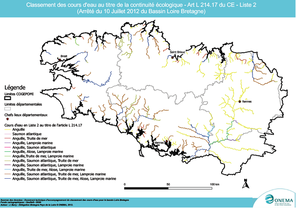 Carte de classement des cours d'eau en listes 2